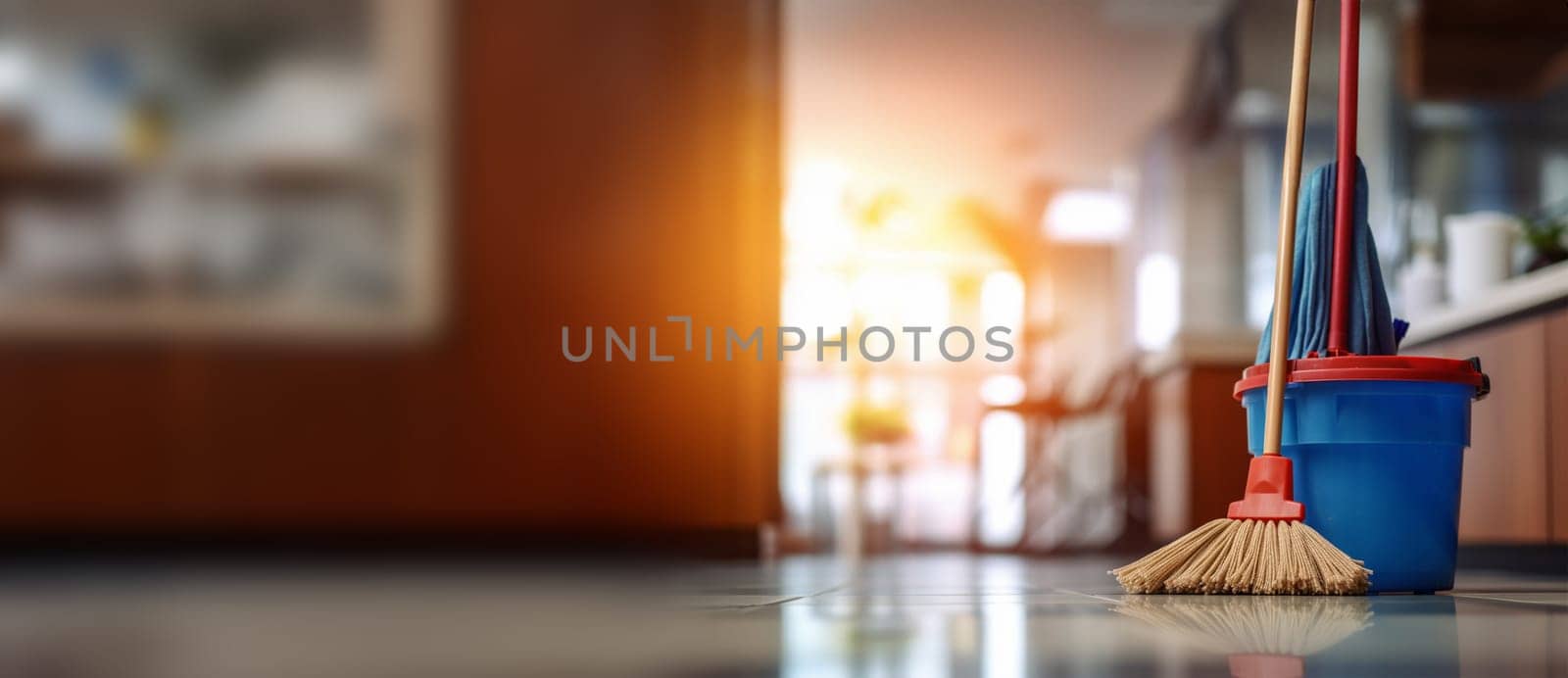 Cleaning supplies. Plastic bucket and mop in house,apartment or office. Set for cleaning. Household cleaning products. Cleaning products in a bucket Copy space