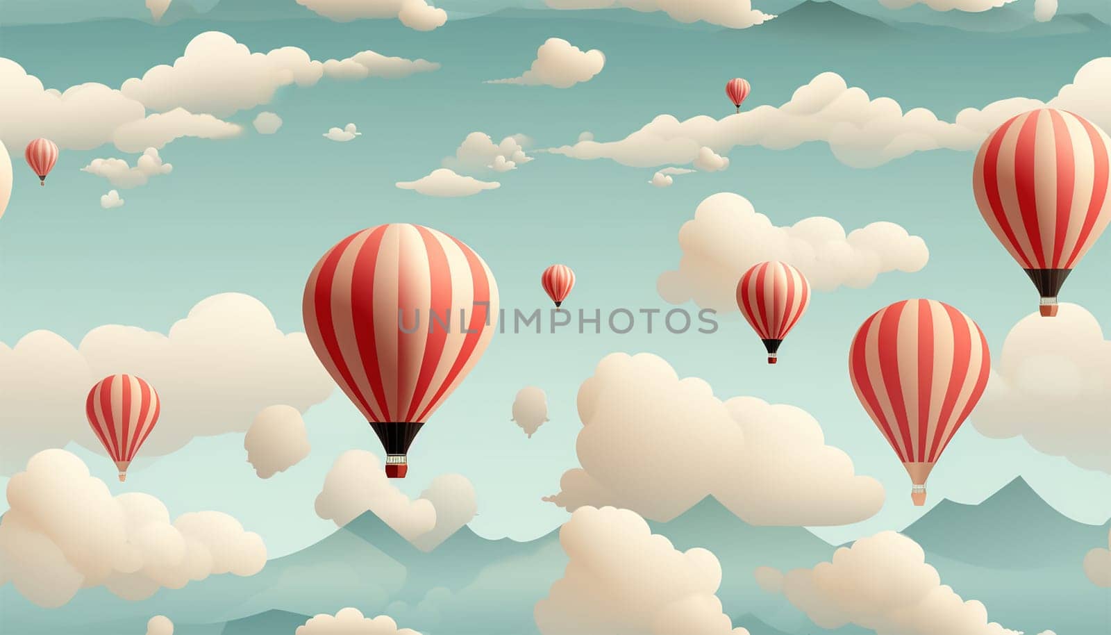 Cute pastel colored Boho seamless pattern with hot air balloons and clouds. Hand drawn balloon in the sky.Pastel neutral shades. Cute baby background. Funny decor for nursery, textiles, clothing, packaging, interior. Copy space