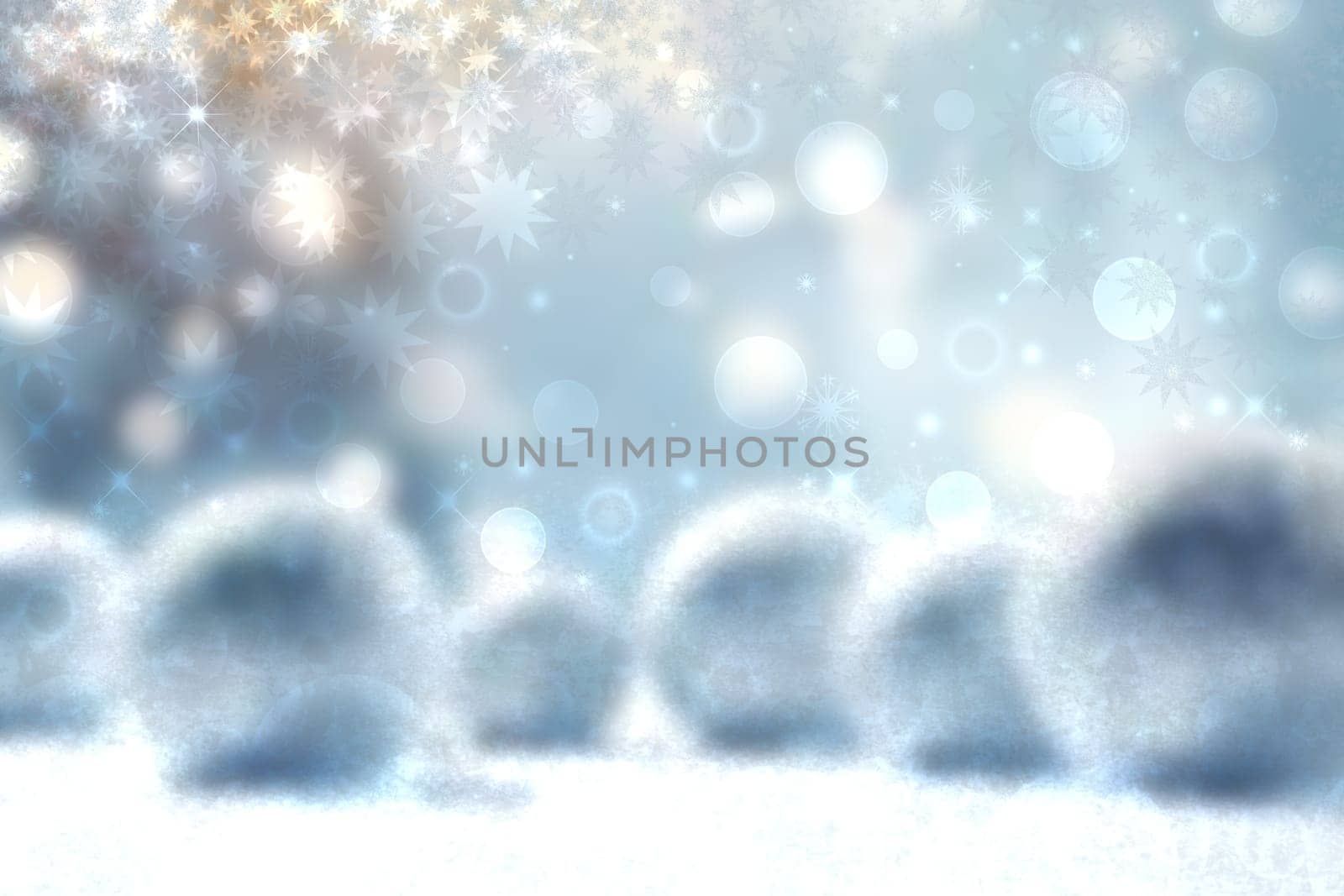 Abstract blurred festive light blue winter christmas or Happy New Year background with shiny blue and white bokeh lighted snowflakes and stars. Space for your design. Card concept.