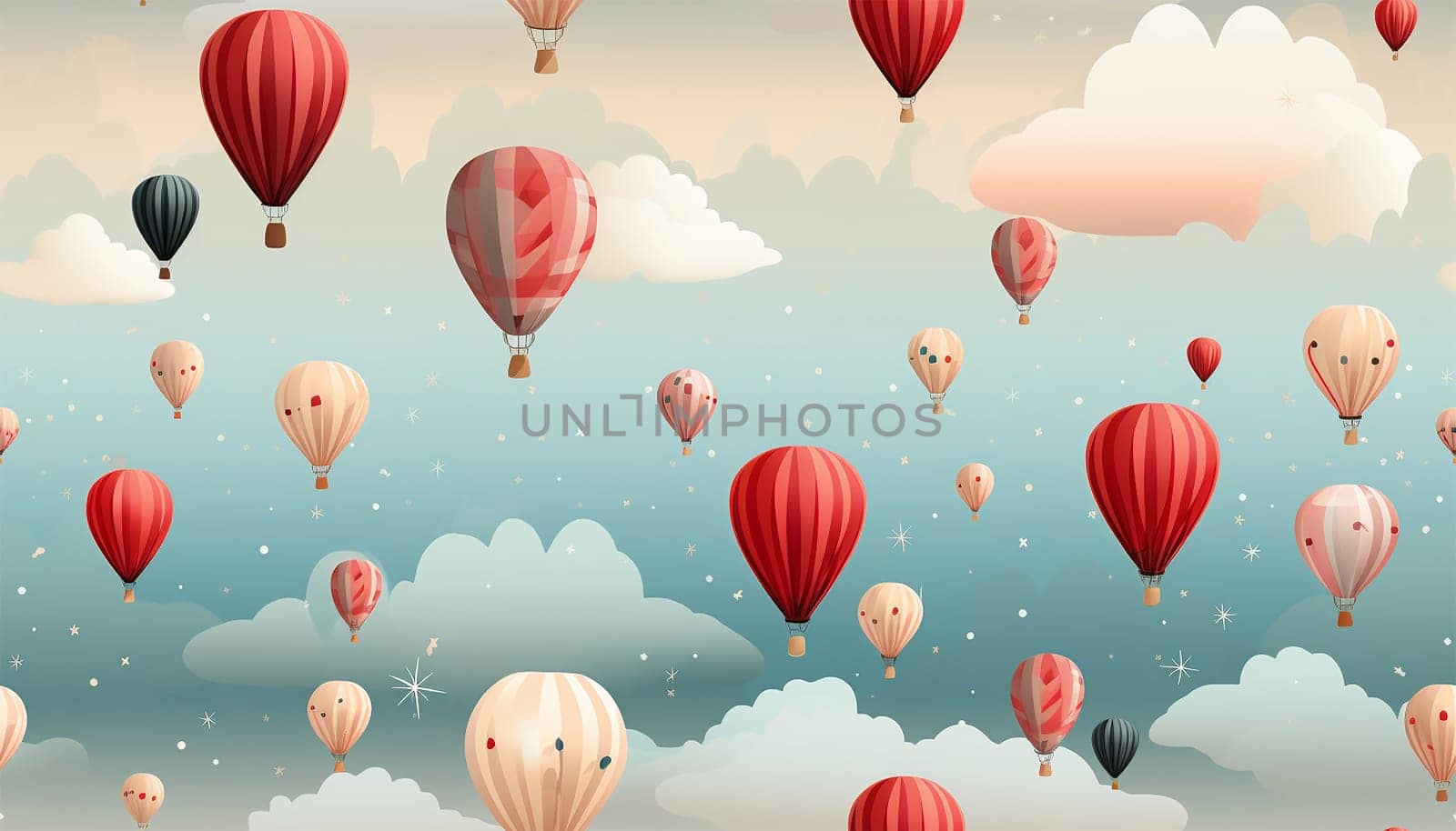 Cute pastel colored Boho seamless pattern with hot air balloons and clouds. Hand drawn balloon in the sky.Pastel neutral shades. Cute baby background. Funny decor for nursery, textiles, clothing, packaging, interior. Copy space