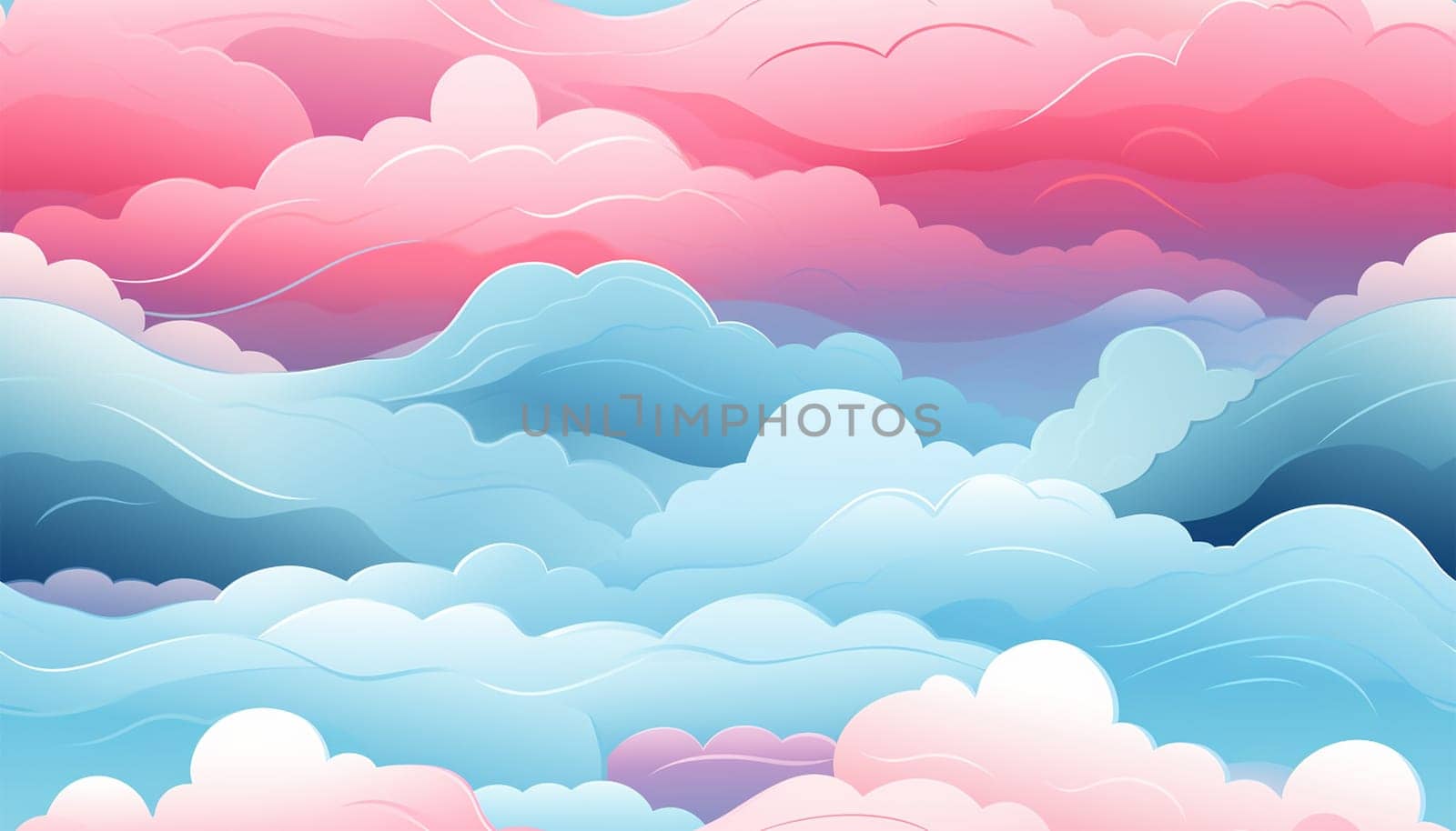 Cute colorful pastel clouds seamless pattern background. Rainbow unicorn background with clouds and stars. Pastel color sky. Magical landscape, abstract fabulous pattern. Cute candy wallpaper. Copy space
