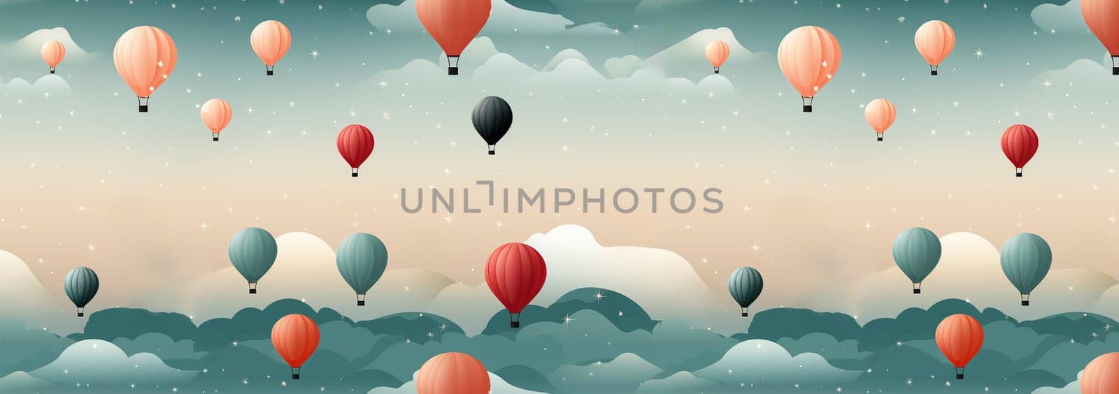 Cute pastel colored Boho seamless pattern with hot air balloons and clouds. Hand drawn balloon in the sky.Pastel neutral shades. Cute baby background. Funny decor for nursery, textiles, clothing, packaging, interior. Copy space