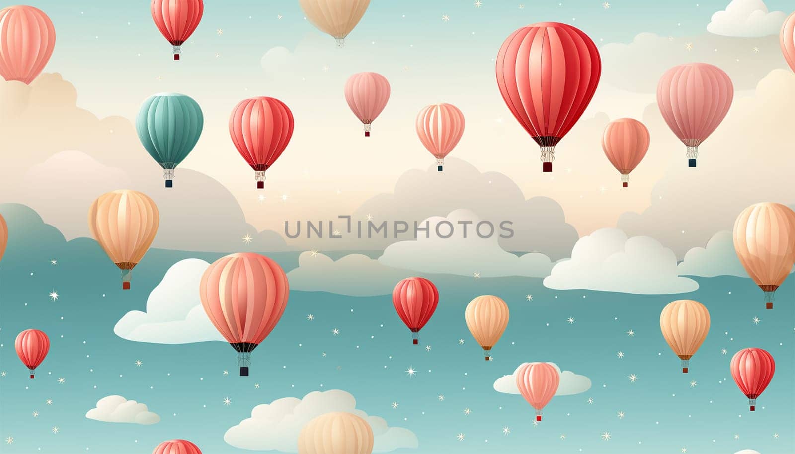 Cute pastel colored Boho seamless pattern with hot air balloons and clouds. Hand drawn balloon in the sky.Pastel neutral shades. Cute baby background. Funny decor for nursery, textiles, clothing, packaging, interior. Copy space