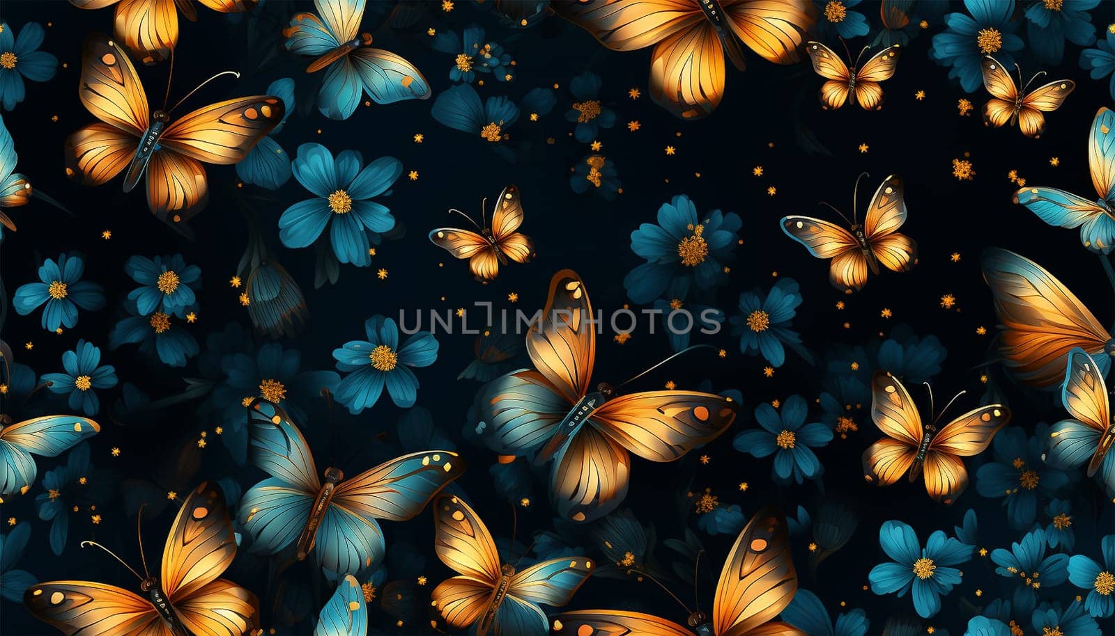 Cute wildflowers and night butterflies seamless pattern. Flowers and insects. art illustration. Navy blue background and gold foil printing. Dark floral pattern for textiles, paper, wallpapers. Orange and blue