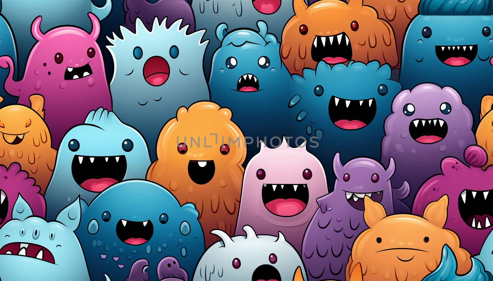 Cute colorful various monsters. seamless cool monsters pattern illustration pastel colored Children's pattern with cute adorable scary monster background in a row