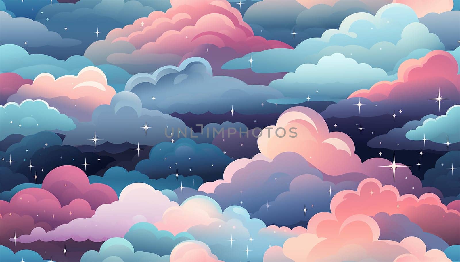 Cute colorful pastel clouds seamless pattern background. Rainbow unicorn background with clouds and stars. Pastel color sky. Magical landscape, abstract fabulous pattern. Cute candy wallpaper. Copy space