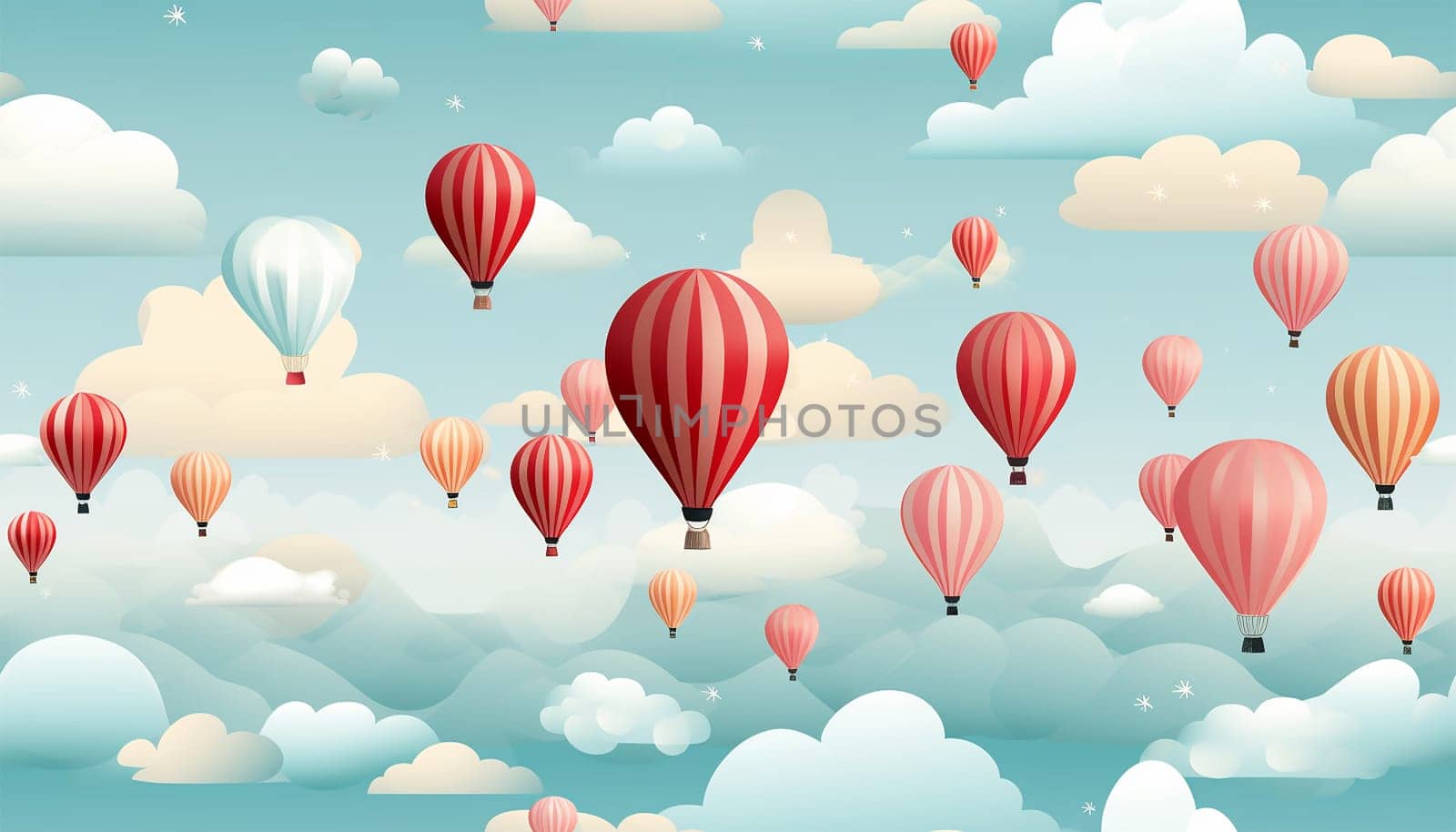 Cute pastel colored Boho seamless pattern with hot air balloons and clouds. Hand drawn balloon in the sky.Pastel neutral shades. Cute baby background. Funny decor for nursery, textiles, clothing, packaging, interior. Copy space