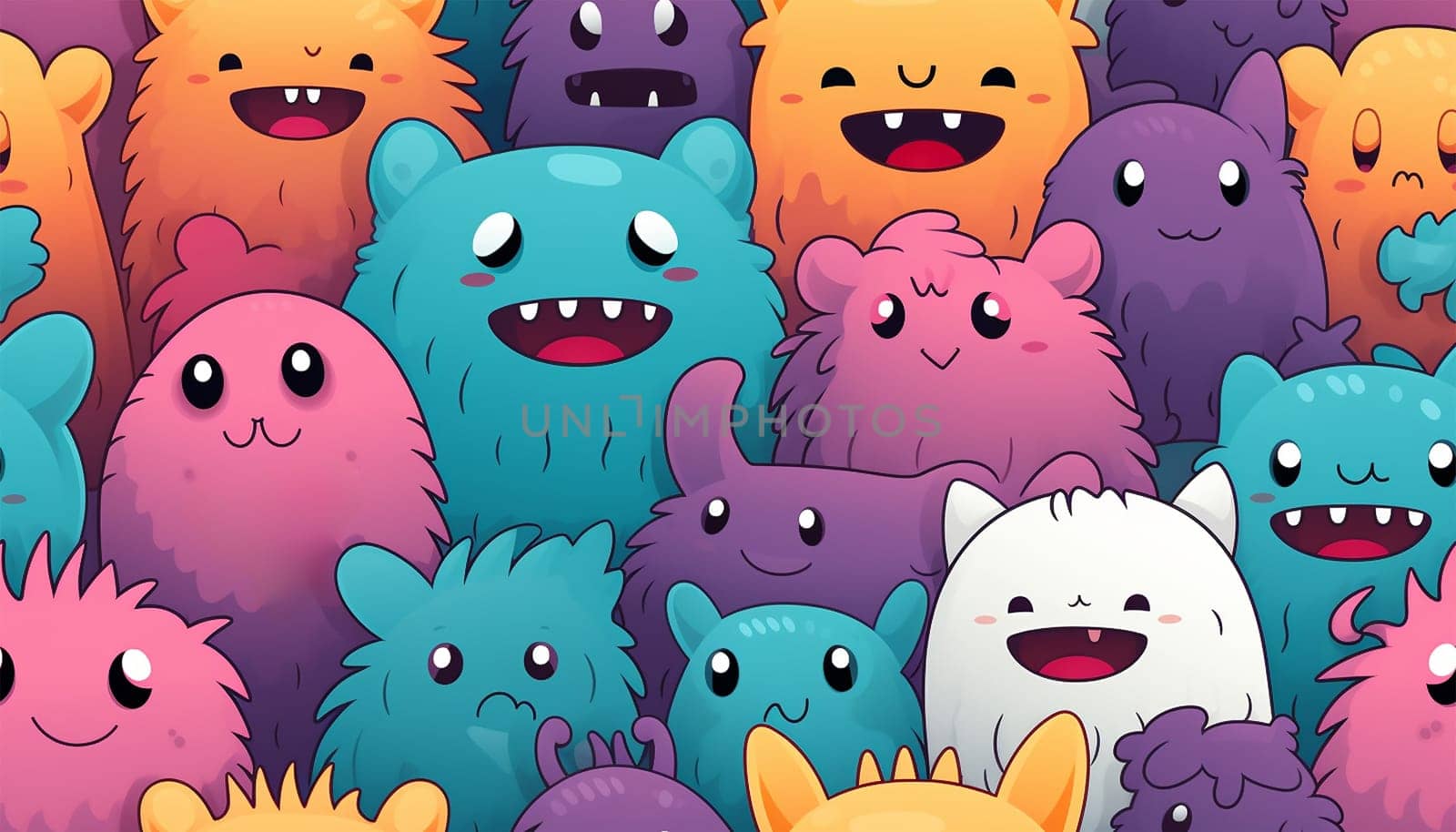 Cute colorful various monsters. seamless cool monsters pattern illustration pastel colored Children's pattern with cute adorable scary monster background in a row