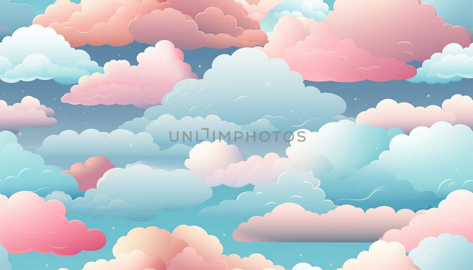 Cute colorful pastel clouds seamless pattern background. Rainbow unicorn background with clouds and stars. Pastel color sky. Magical landscape, abstract fabulous pattern. Cute candy wallpaper. Copy space