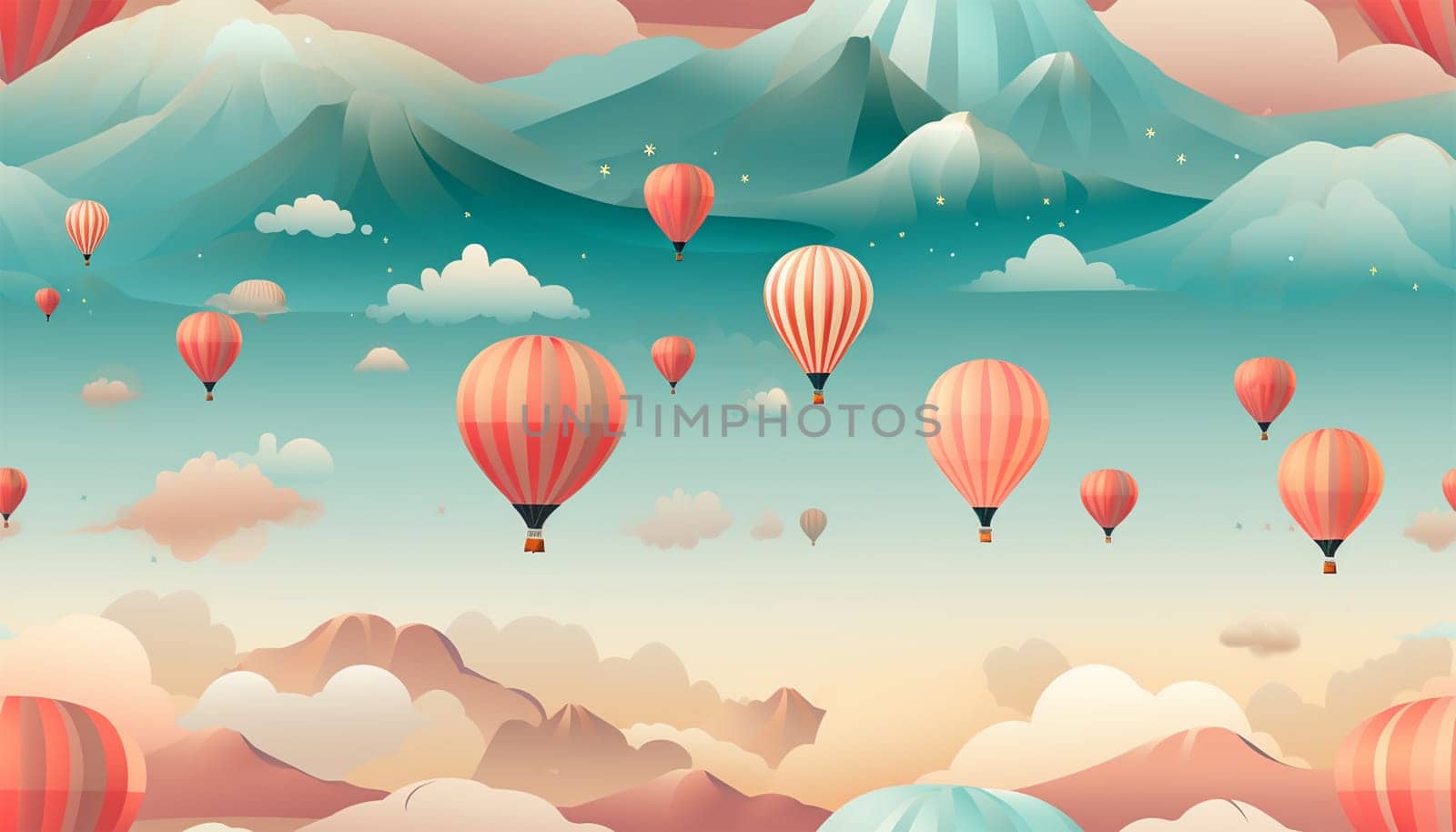 Cute pastel colored Boho seamless pattern with hot air balloons and clouds. Hand drawn balloon in the sky.Pastel neutral shades. Cute baby background. Funny decor for nursery, textiles, clothing, packaging, interior. Copy space