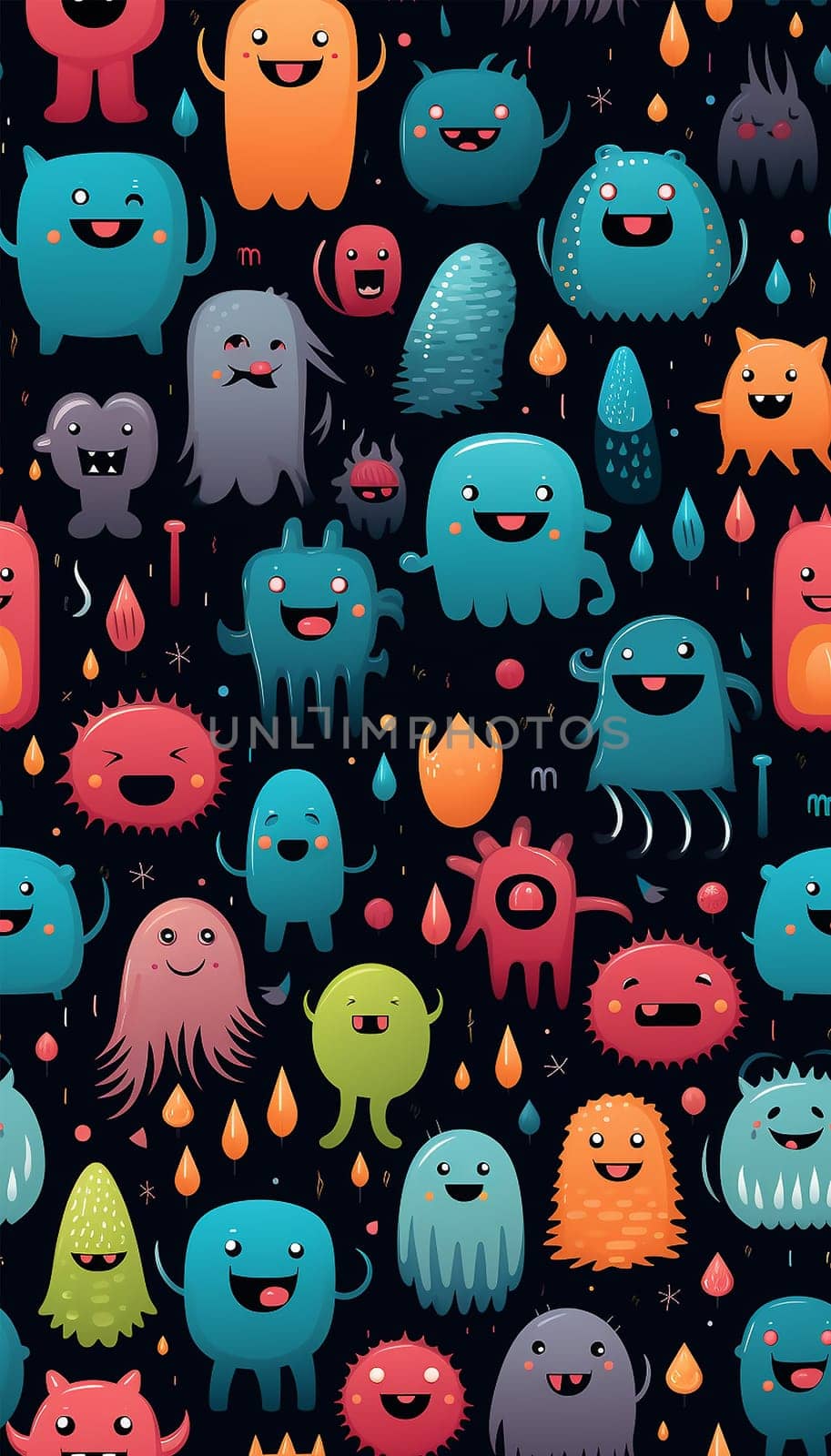 Cute colorful various monsters. seamless cool monsters pattern illustration pastel colored Children's pattern with cute adorable scary monster background in a row