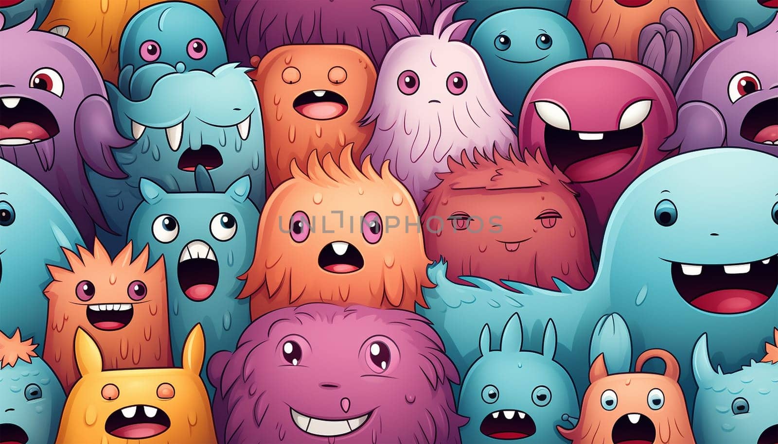 Cute colorful various monsters. seamless cool monsters pattern illustration pastel colored Children's pattern with cute adorable scary monster background in a row