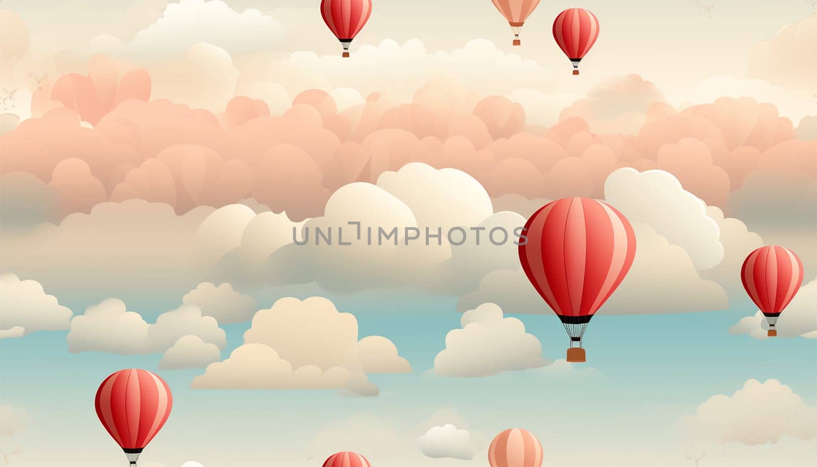 Cute pastel colored Boho seamless pattern with hot air balloons and clouds. Hand drawn balloon in the sky.Pastel neutral shades. Cute baby background. Funny decor for nursery, textiles, clothing, packaging, interior. Copy space