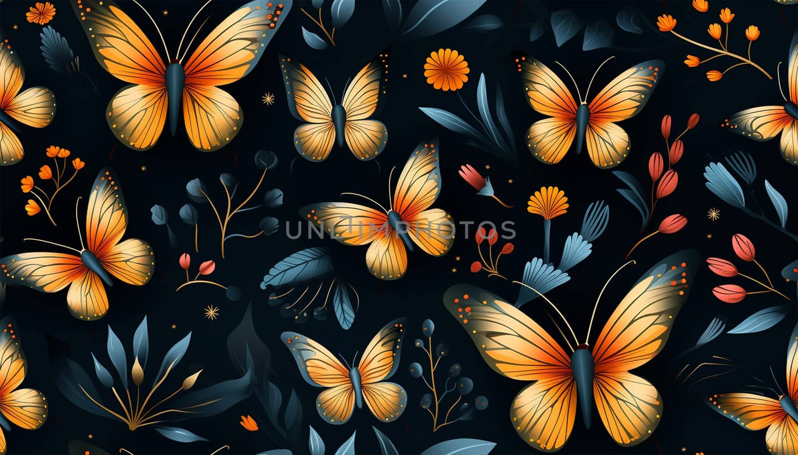 Cute wildflowers and night butterflies seamless pattern. Flowers and insects. art illustration. Navy blue background and gold foil printing. Dark floral pattern for textiles, paper, wallpapers. Orange and blue
