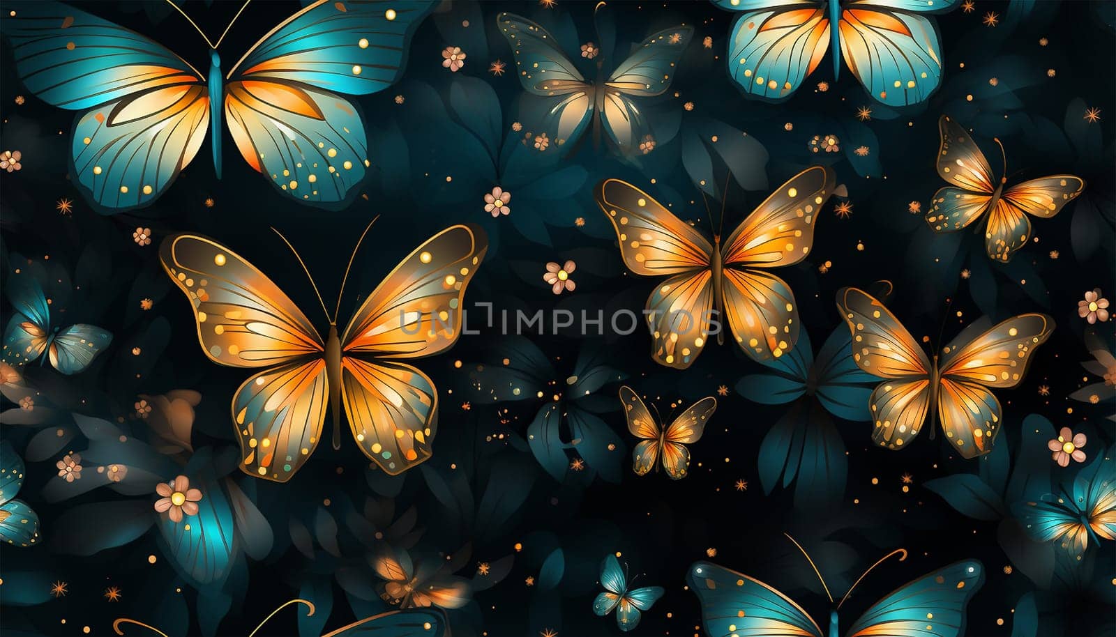 Cute wildflowers and night butterflies seamless pattern. Flowers and insects. art illustration. Navy blue background and gold foil printing. Dark floral pattern for textiles, paper, wallpapers. Orange and blue