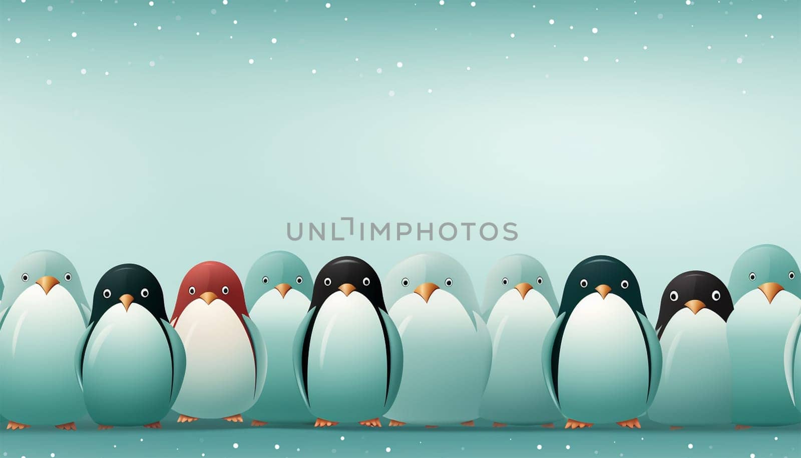 Seamless pattern, cute winter wonderland background of penguins cute character on light blue background in the snow on ice Copy space space for text