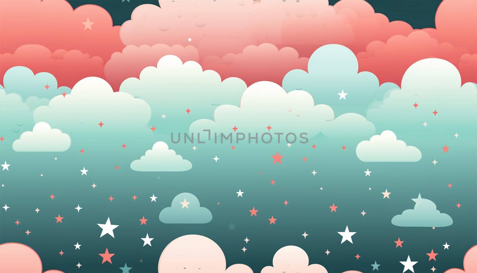 Cute colorful pastel clouds seamless pattern background. Rainbow unicorn background with clouds and stars. Pastel color sky. Magical landscape, abstract fabulous pattern. Cute candy wallpaper. Copy space