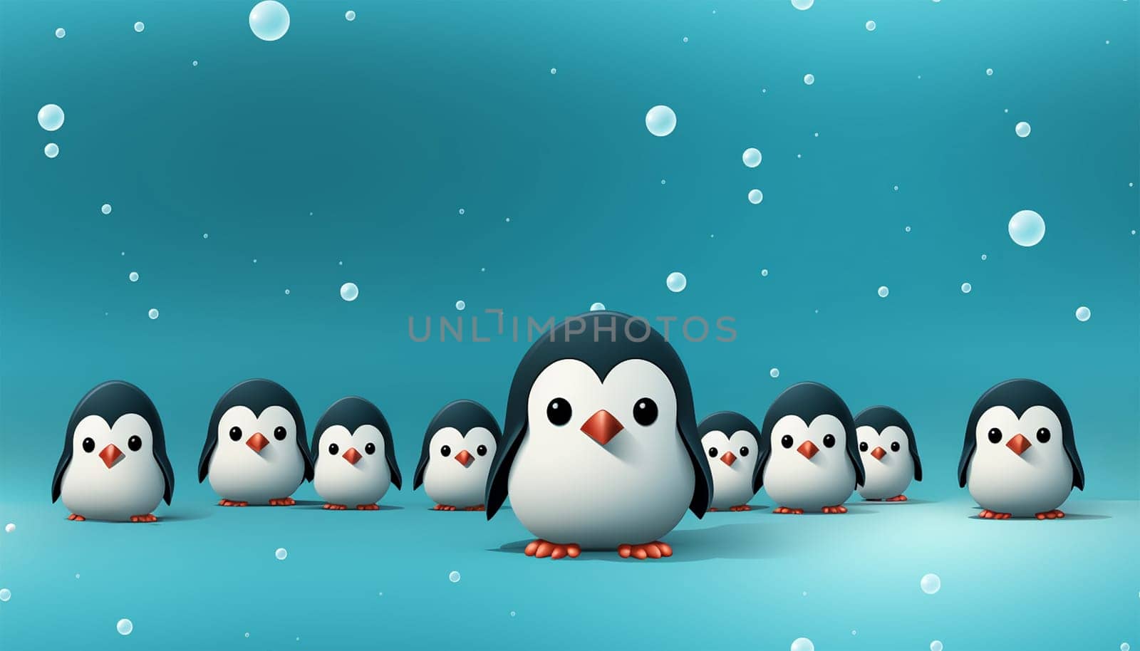 Seamless pattern, cute winter wonderland background of penguins cute character on light blue background in the snow on ice Copy space space for text