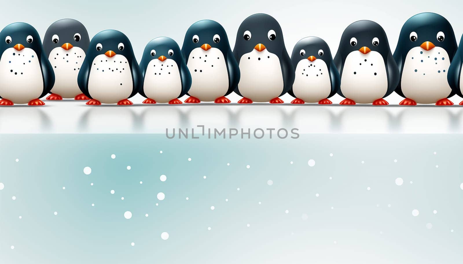 Seamless pattern, cute winter wonderland background of penguins cute character on light blue background in the snow on ice Copy space space for text