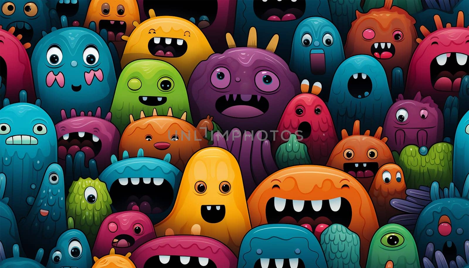 Cute colorful various monsters. seamless cool monsters pattern illustration pastel colored Children's pattern with cute adorable scary monster background in a row