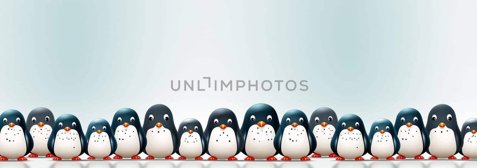 Seamless pattern, cute winter wonderland background of penguins cute character on light blue background in the snow on ice Copy space space for text