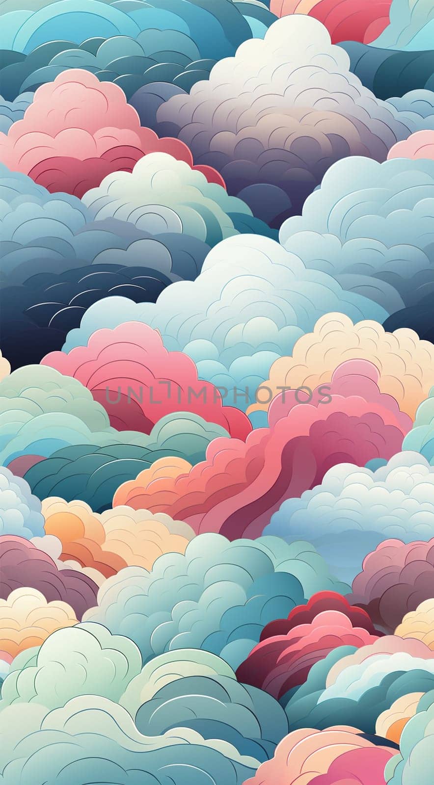Cute colorful pastel clouds seamless pattern background. Rainbow unicorn background with clouds and stars. Pastel color sky. Magical landscape, abstract fabulous pattern. Cute candy wallpaper. Copy space