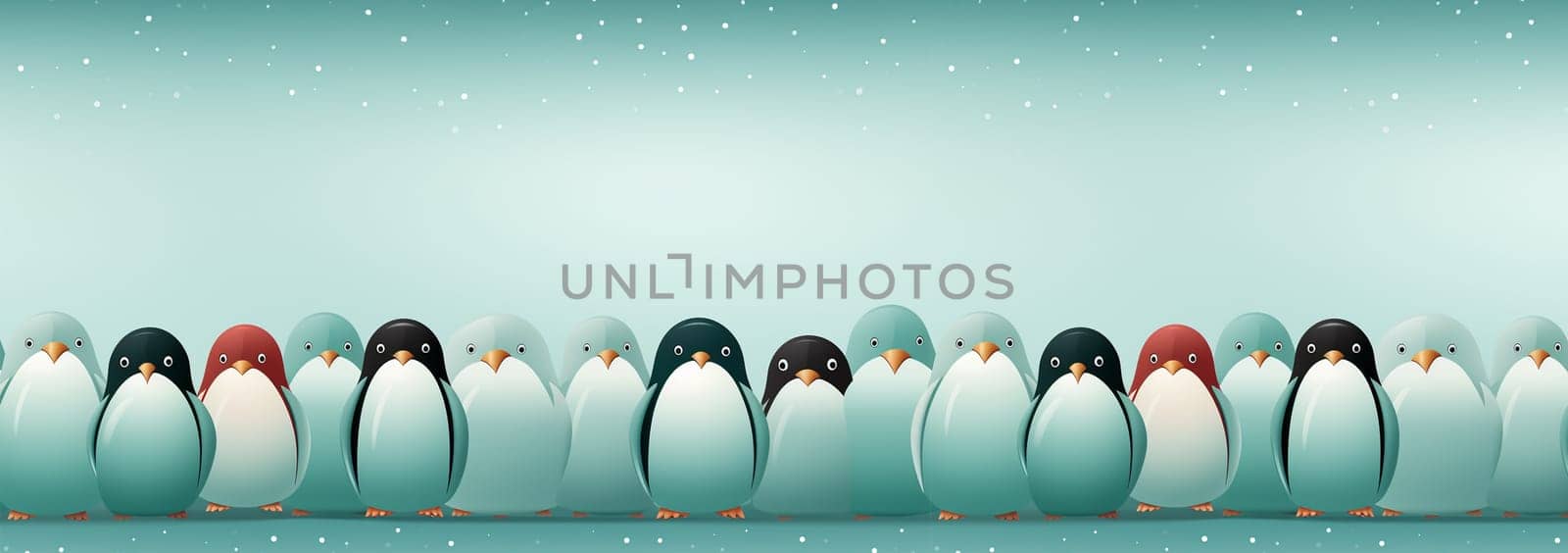 Seamless pattern, cute winter wonderland background of penguins cute character on light blue background in the snow on ice Copy space space for text