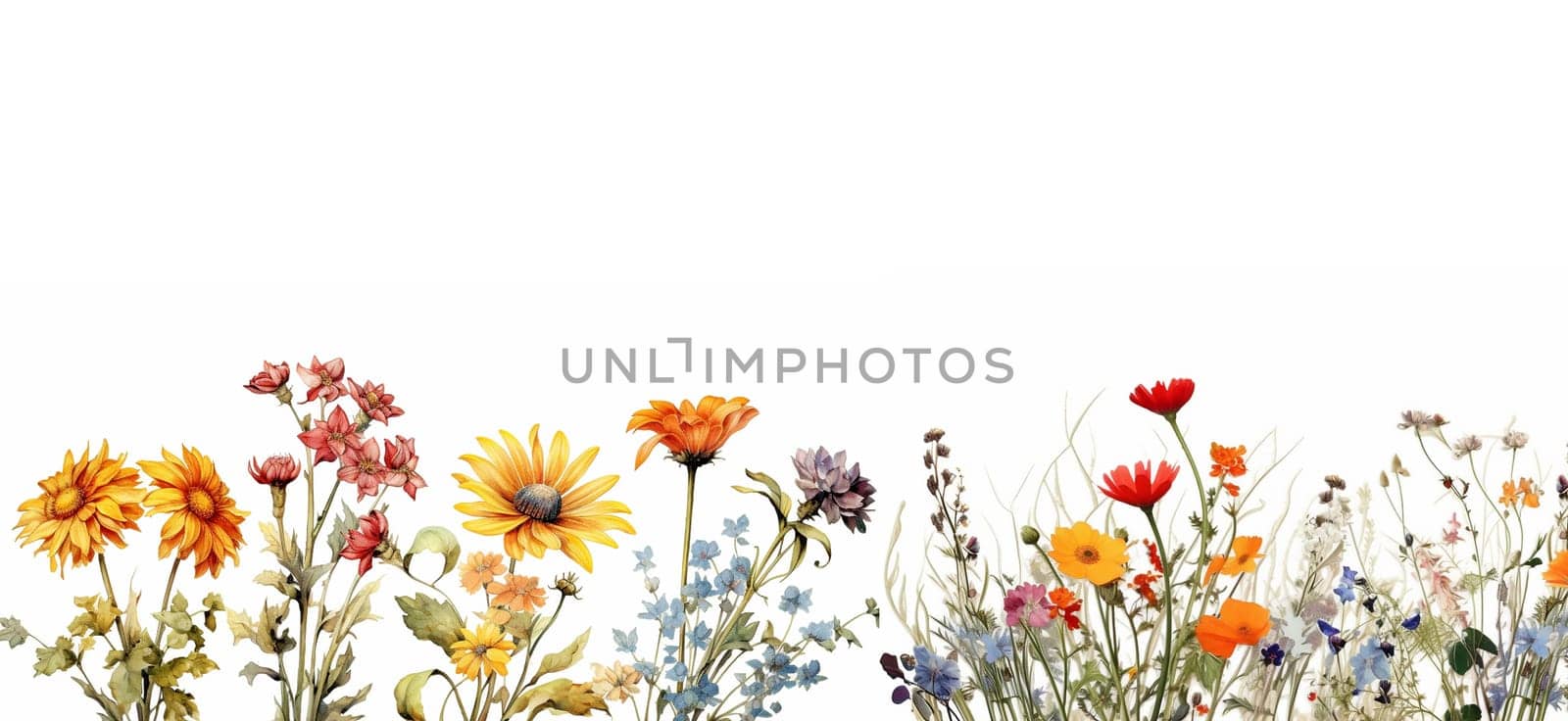 Wildflower field. Watercolor delicate wildflowers, green herbs floral seamless pattern. Blooming meadow tile. Hand drawn elegant, botanical background. Repeatable texture, wrapping paper,wallpaper, fabric, textile on white background Copy space