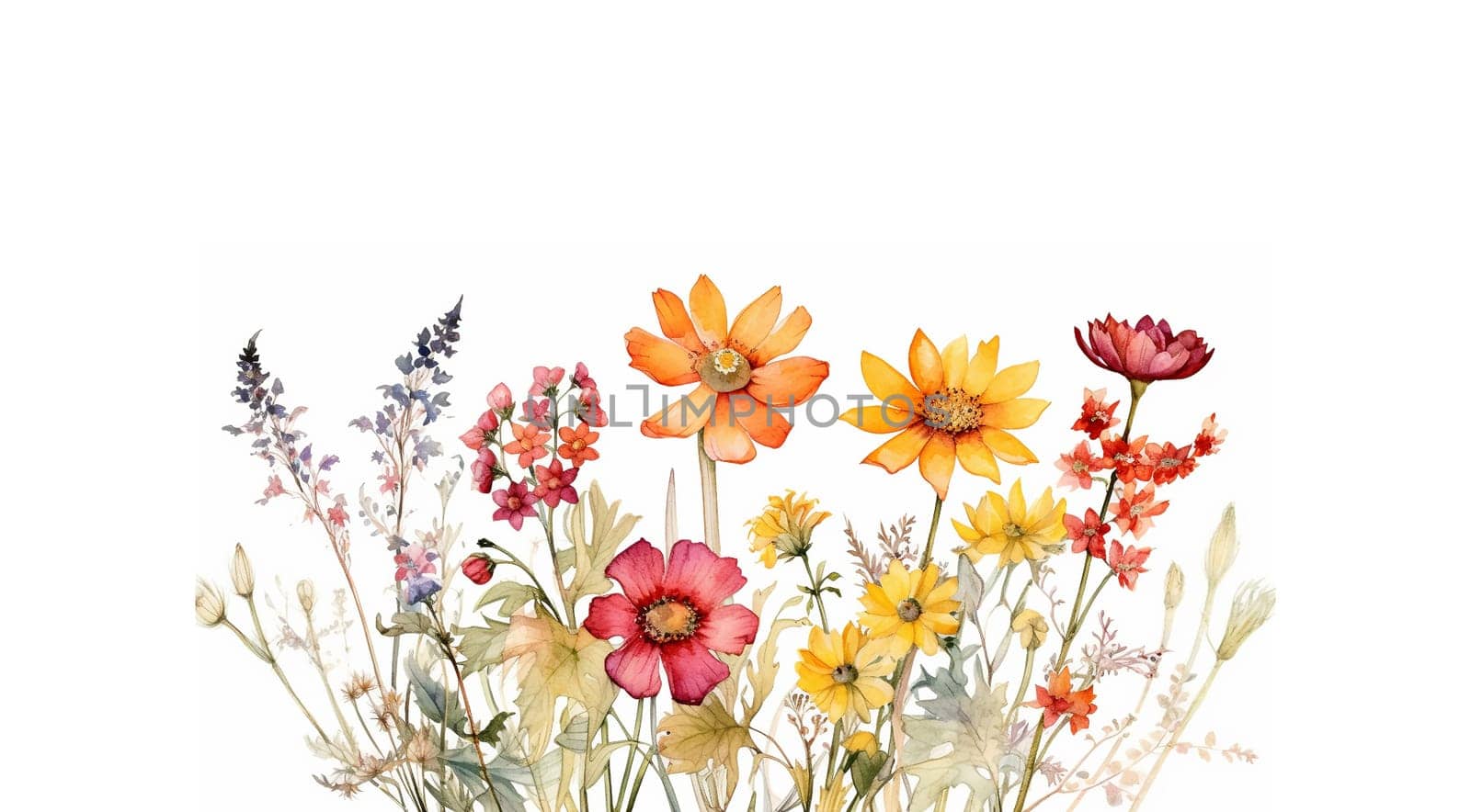 Wildflower field. Watercolor delicate wildflowers, green herbs floral seamless pattern. Blooming meadow tile. Hand drawn elegant, botanical background. Repeatable texture, wrapping paper,wallpaper, fabric, textile on white background Copy space