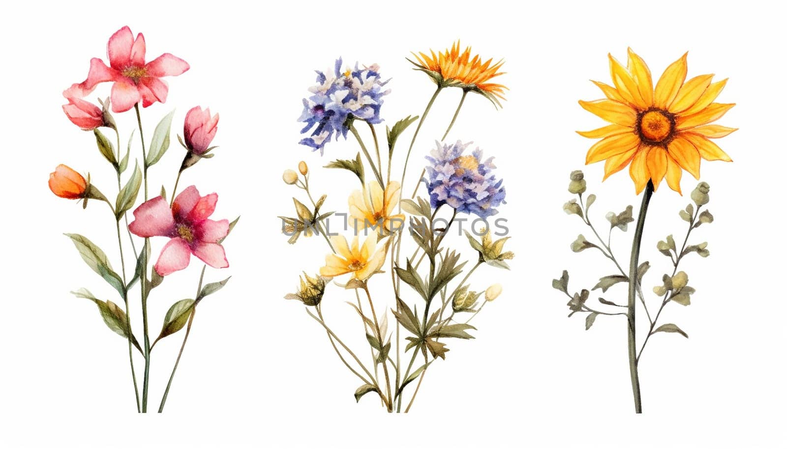 Wildflower field. Watercolor delicate wildflowers, green herbs floral seamless pattern. Blooming meadow tile. Hand drawn elegant, botanical background. Repeatable texture, wrapping paper,wallpaper, fabric, textile on white background Copy space
