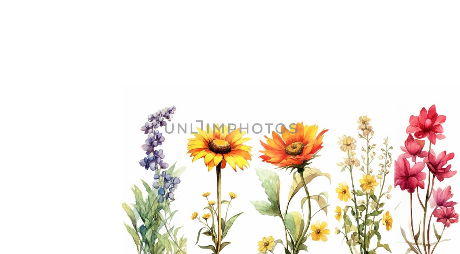 Wildflower field. Watercolor delicate wildflowers, green herbs floral seamless pattern. Blooming meadow tile. Hand drawn elegant, botanical background. Repeatable texture, wrapping paper,wallpaper, fabric, textile on white background Copy space