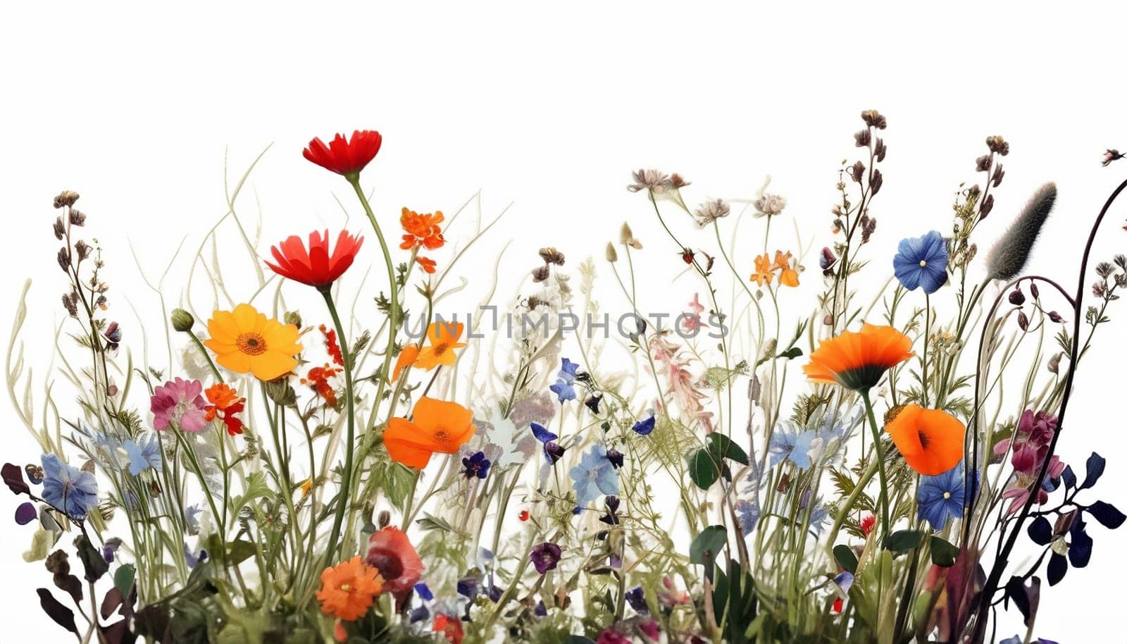 Wildflower field. Watercolor delicate wildflowers, green herbs floral seamless pattern. Blooming meadow tile. Hand drawn elegant, botanical background. Repeatable texture, wrapping paper,wallpaper, fabric, textile on white background Copy space