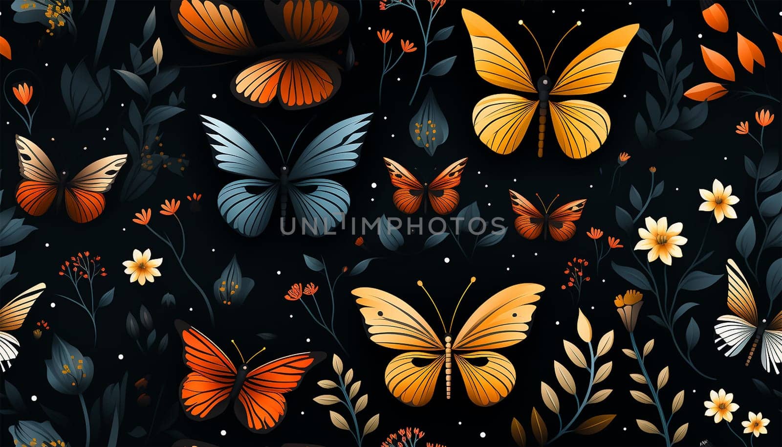 Cute wildflowers and night butterflies seamless pattern. Flowers and insects. art illustration. Navy blue background and gold foil printing. Dark floral pattern for textiles, paper, wallpapers. Orange and blue