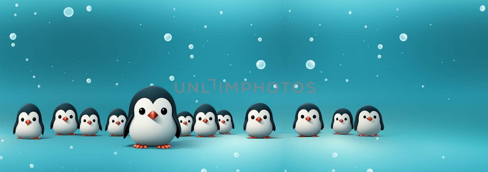 Seamless pattern, cute winter wonderland background of penguins cute character on light blue background in the snow on ice Copy space space for text