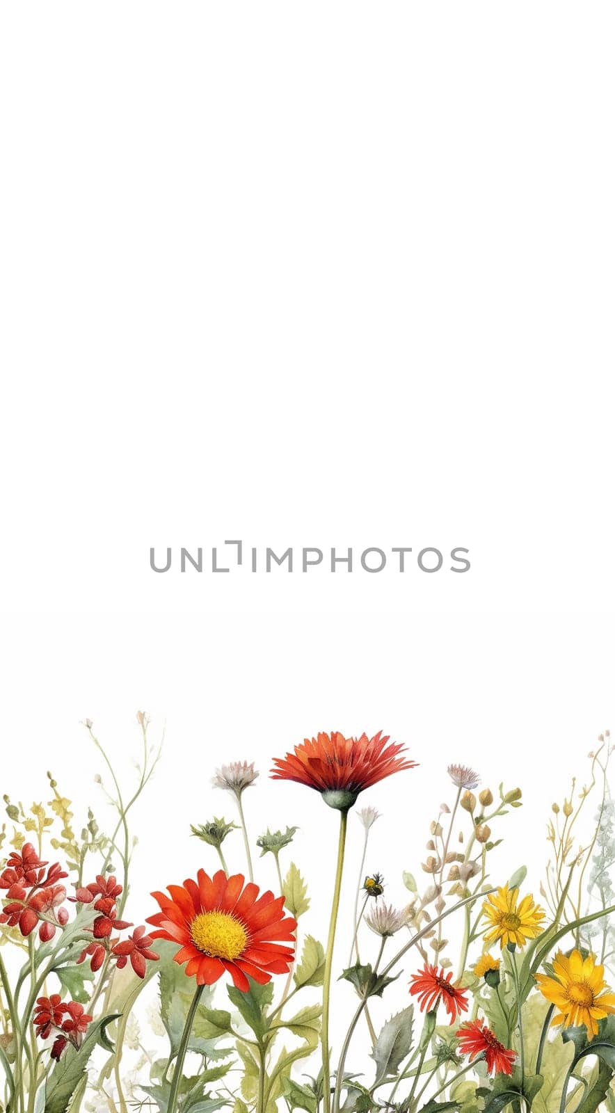 Wildflower field. Watercolor delicate wildflowers, green herbs floral seamless pattern. Blooming meadow tile. Hand drawn elegant, botanical background. Repeatable texture, wrapping paper,wallpaper, fabric, textile on white background Copy space