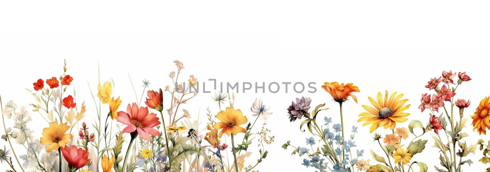 Wildflower field. Watercolor delicate wildflowers, green herbs floral seamless pattern. Blooming meadow tile. Hand drawn elegant, botanical background. Repeatable texture, wrapping paper,wallpaper, fabric, textile on white background Copy space