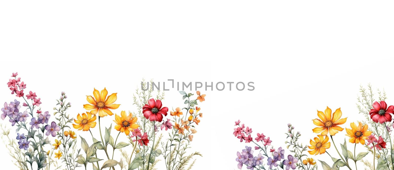 Wildflower field. Watercolor delicate wildflowers, green herbs floral seamless pattern. Blooming meadow tile. Hand drawn elegant, botanical background. Repeatable texture, wrapping paper,wallpaper, fabric, textile on white background Copy space