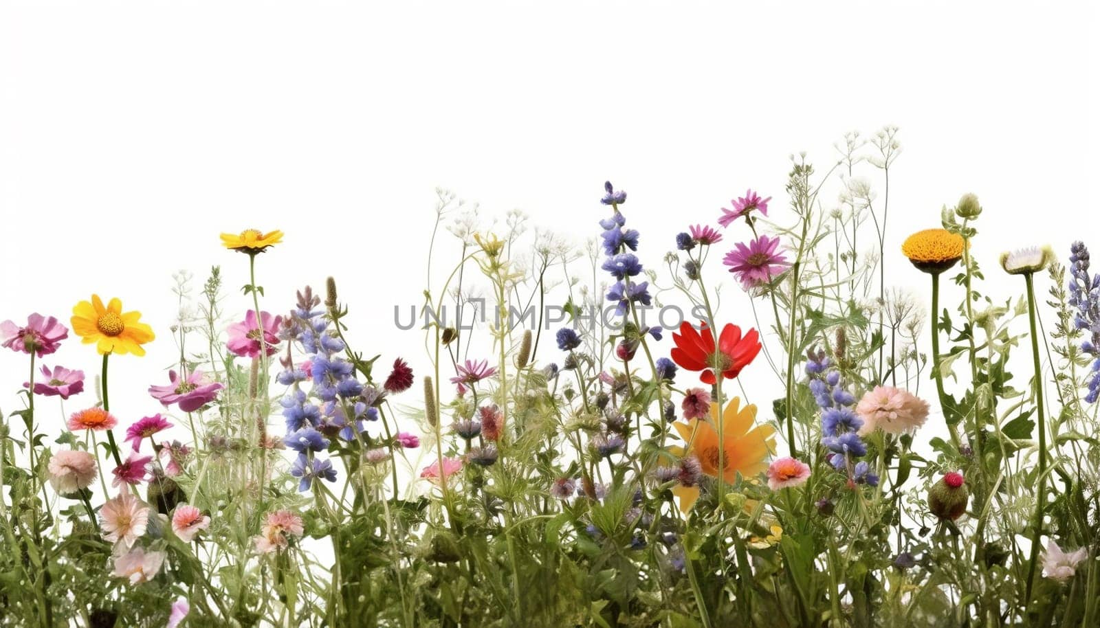Wildflower field. Watercolor delicate wildflowers, green herbs floral seamless pattern. Blooming meadow tile. Hand drawn elegant, botanical background. Repeatable texture, wrapping paper,wallpaper, fabric, textile on white background Copy space