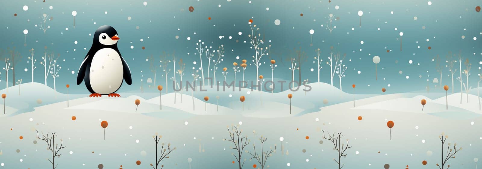 Seamless pattern, cute winter wonderland background of penguins cute character on light blue background in the snow on ice Copy space space for text