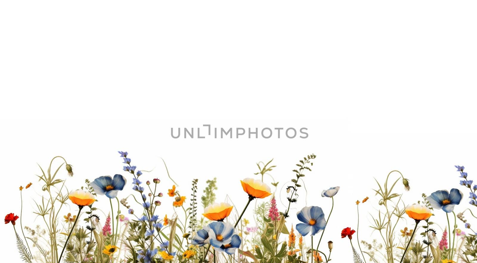 Wildflower field. Watercolor delicate wildflowers, green herbs floral seamless pattern. Blooming meadow tile. Hand drawn elegant, botanical background. Repeatable texture, wrapping paper,wallpaper, fabric, textile on white background Copy space