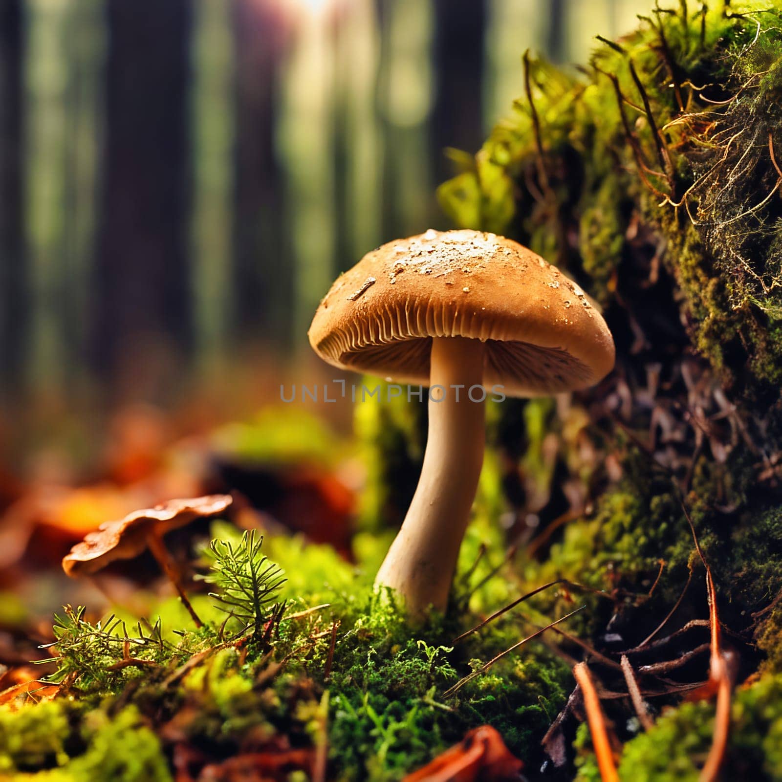 Mushroom in the moss on the forest floor. Mystical magician. Autumn light mood. AI generated image