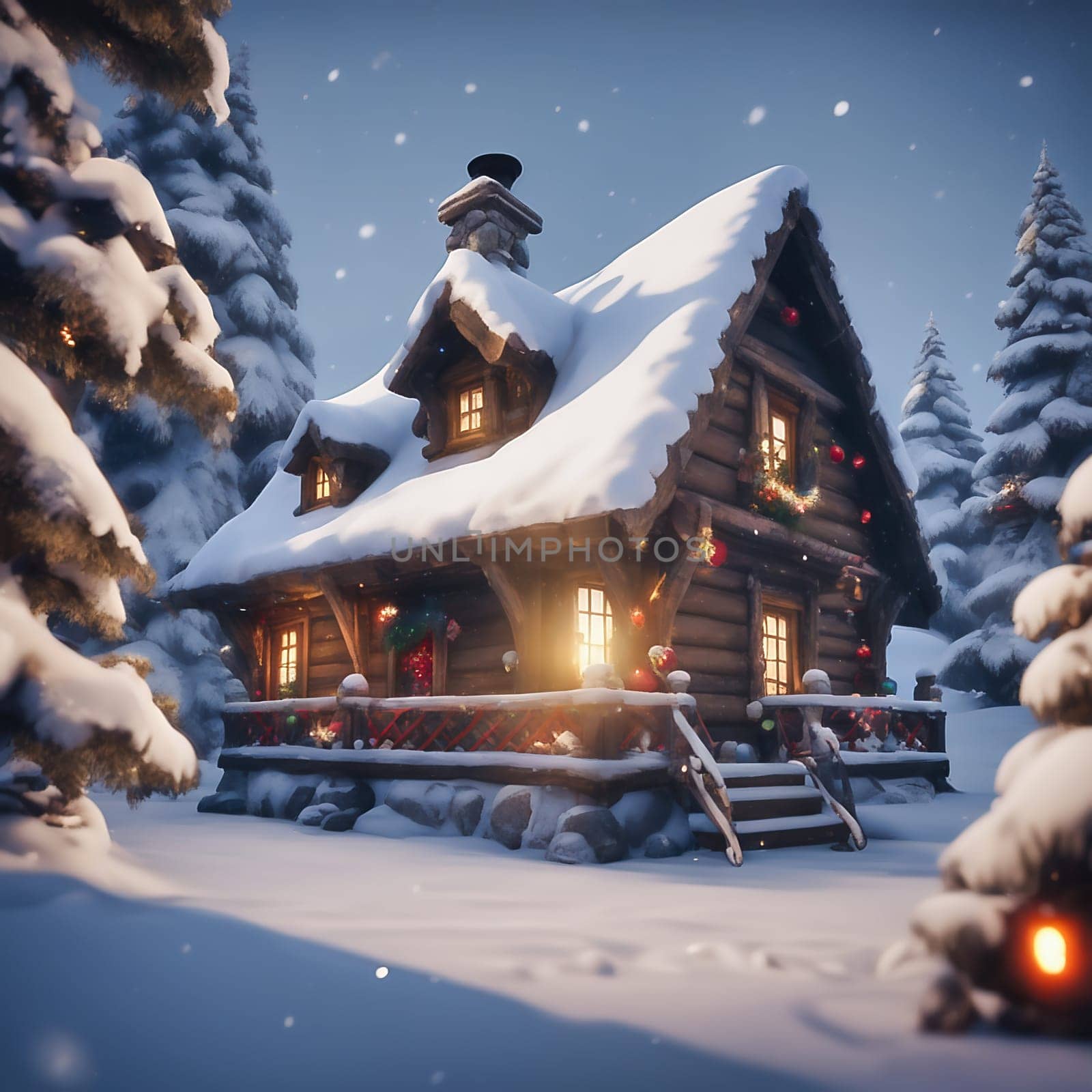 Snow covered hut in a snowy winter landscape. Snowflakes and snow covered fir trees. Warm light shines from the window. AI generated image