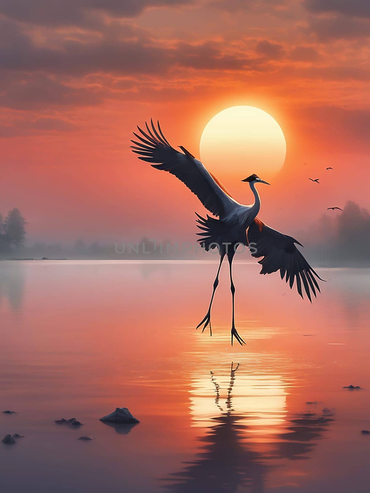 Crane in the water at sunrise. Misty lake. Smooth water surface. In the background forest. Wildlife in nature. AI generated image
