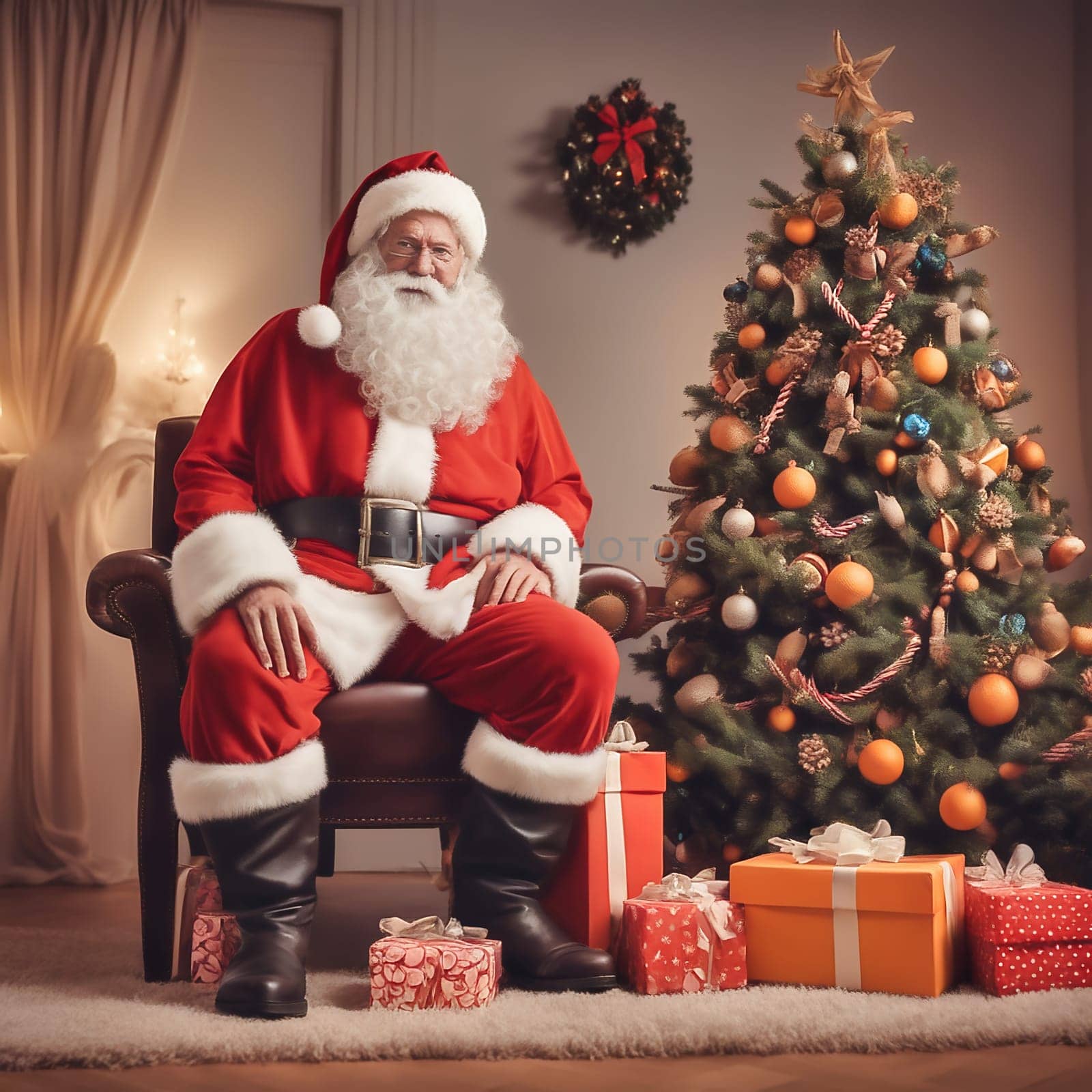 Christmas, Santa Claus sitting at the festively decorated Christmas tree. In front of it are gifts. Christian feast in December. AI generated image