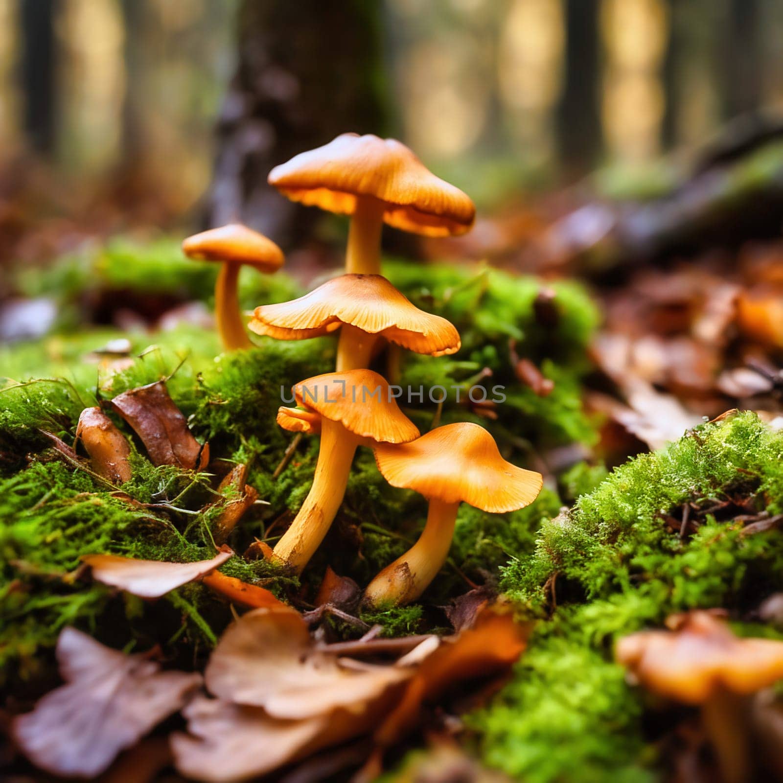 Chanterelles in the moss on the forest floor. Mystical magician. Autumn light mood. AI generated image