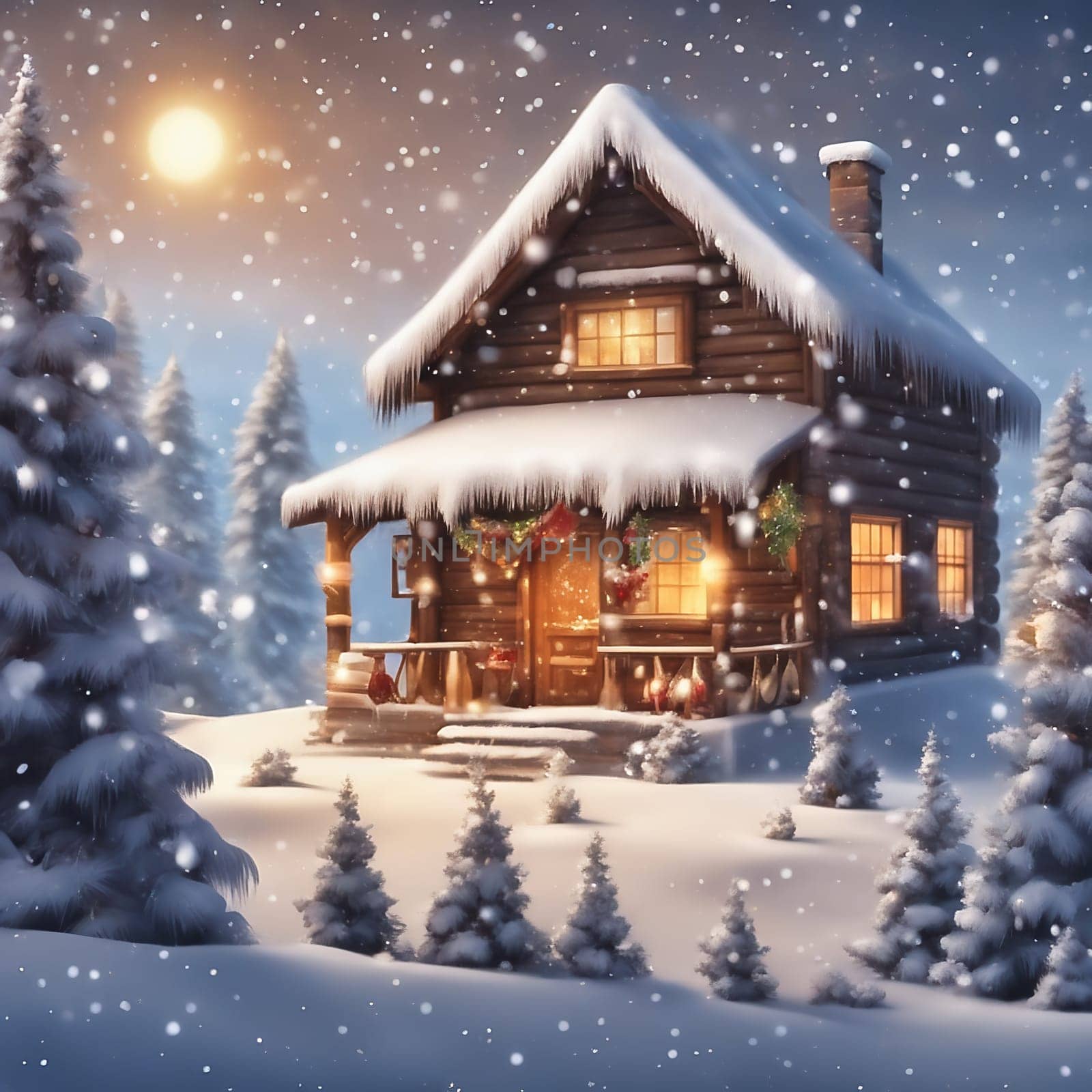 Snow covered hut in a snowy winter landscape. Snowflakes and snow covered fir trees. Warm light shines from the window. AI generated image