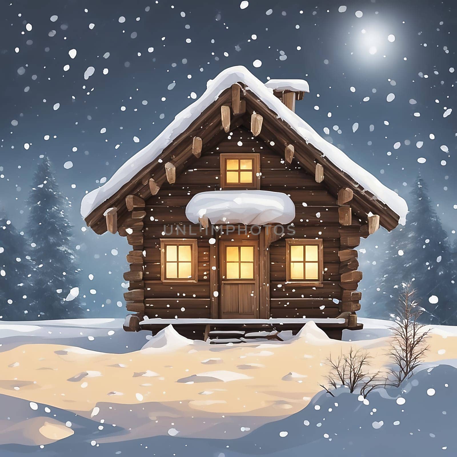 Snow covered hut in a snowy winter landscape. Snowflakes and snow covered fir trees. Warm light shines from the window. AI generated image