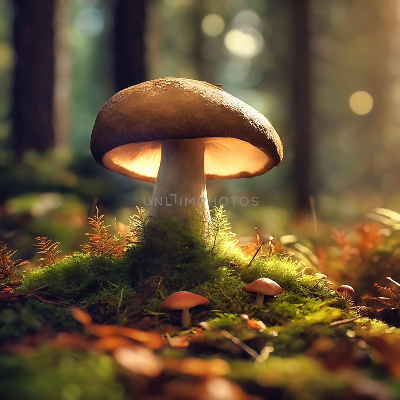 Mushroom in the moss on the forest floor. Mystical magician. Autumn light mood. AI generated image