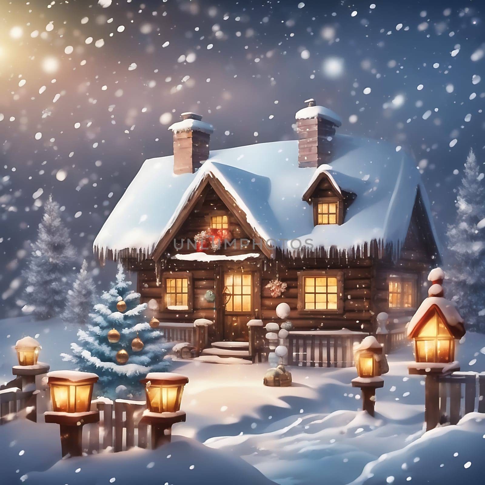Snow covered hut in a snowy winter landscape. Snowflakes and snow covered fir trees. Warm light shines from the window. AI generated image