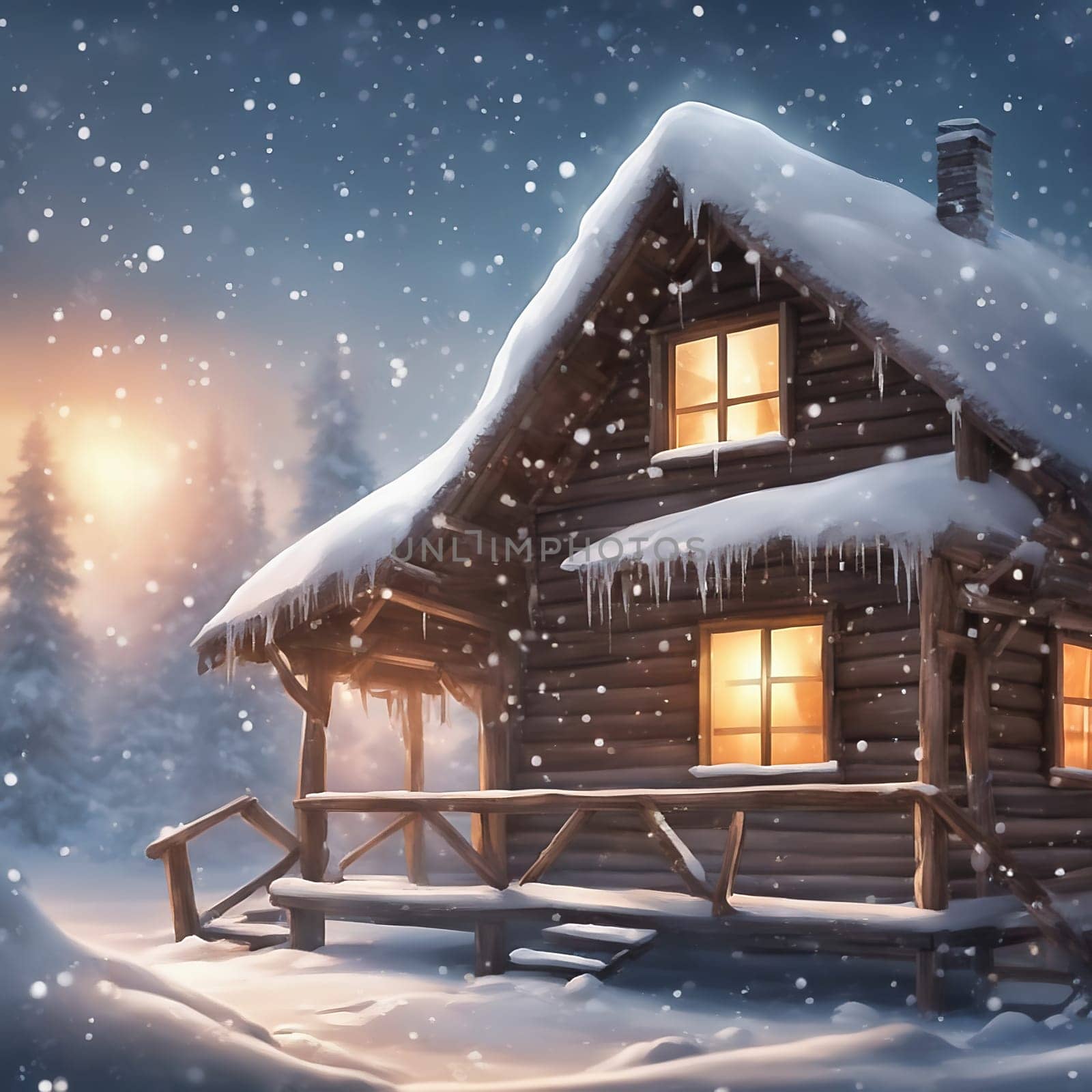 Snow covered hut in a snowy winter landscape. Snowflakes and snow covered fir trees. Warm light shines from the window. AI generated image